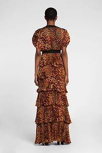 Jaguar-Print Pleated Silk Maxi Dress