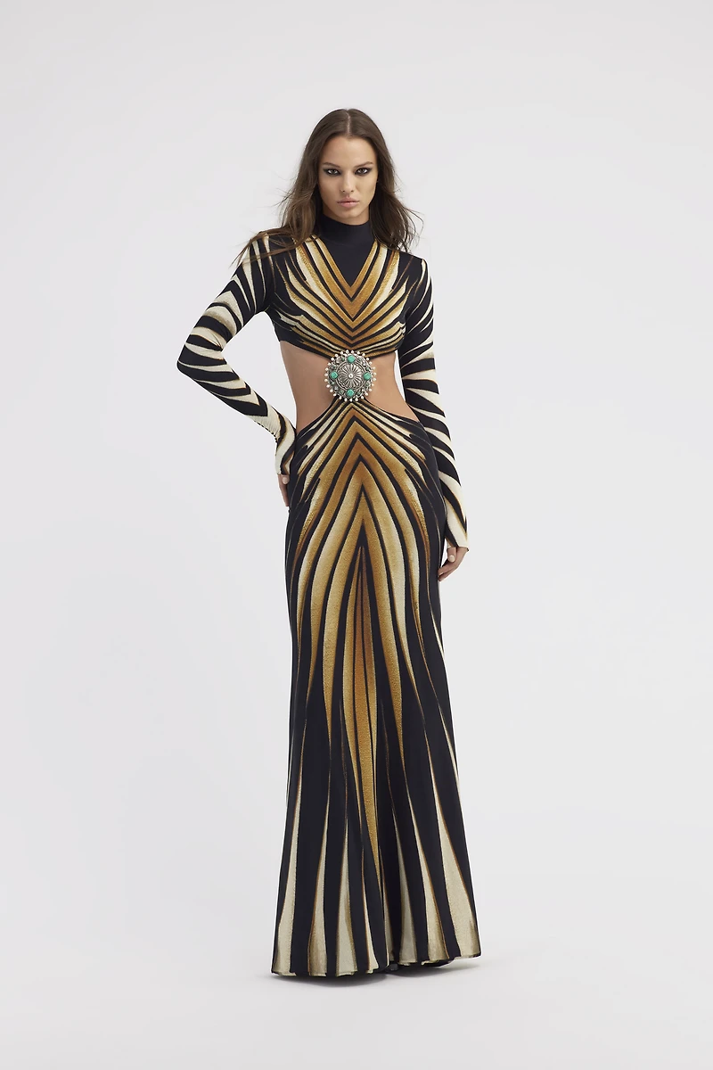 Cut-out knit dress with Ray of Gold print
