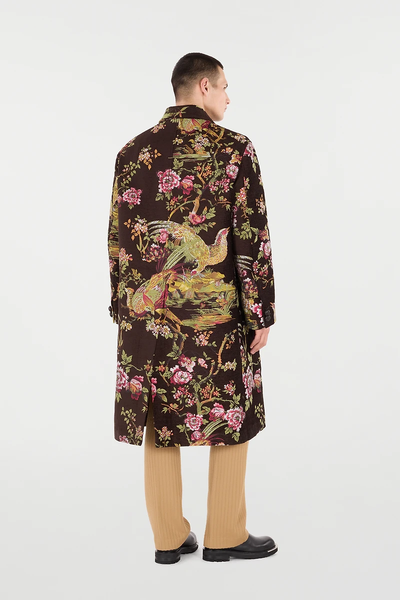 Wool-Blend Coat With Oriental Bird Print