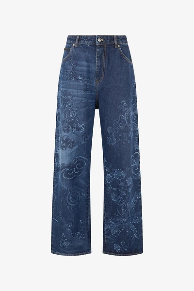 Jeans With Dragon And Floral Pattern
