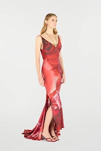 Long Dress With Rose Print And Bejeweled Tiger