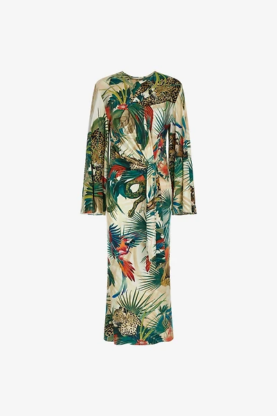 Jungle Print Midi Dress With Knotted Waist