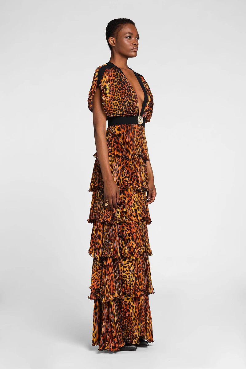 Jaguar-Print Pleated Silk Maxi Dress