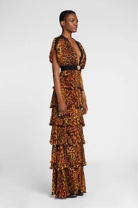 Jaguar-Print Pleated Silk Maxi Dress