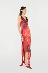 Dress With Asymmetric Skirt And Rose Print