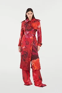 Long Crinkle-Effect Trench Coat With Rose Print
