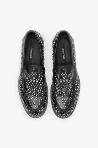 Leather Loafers With Studs And Rhinestones