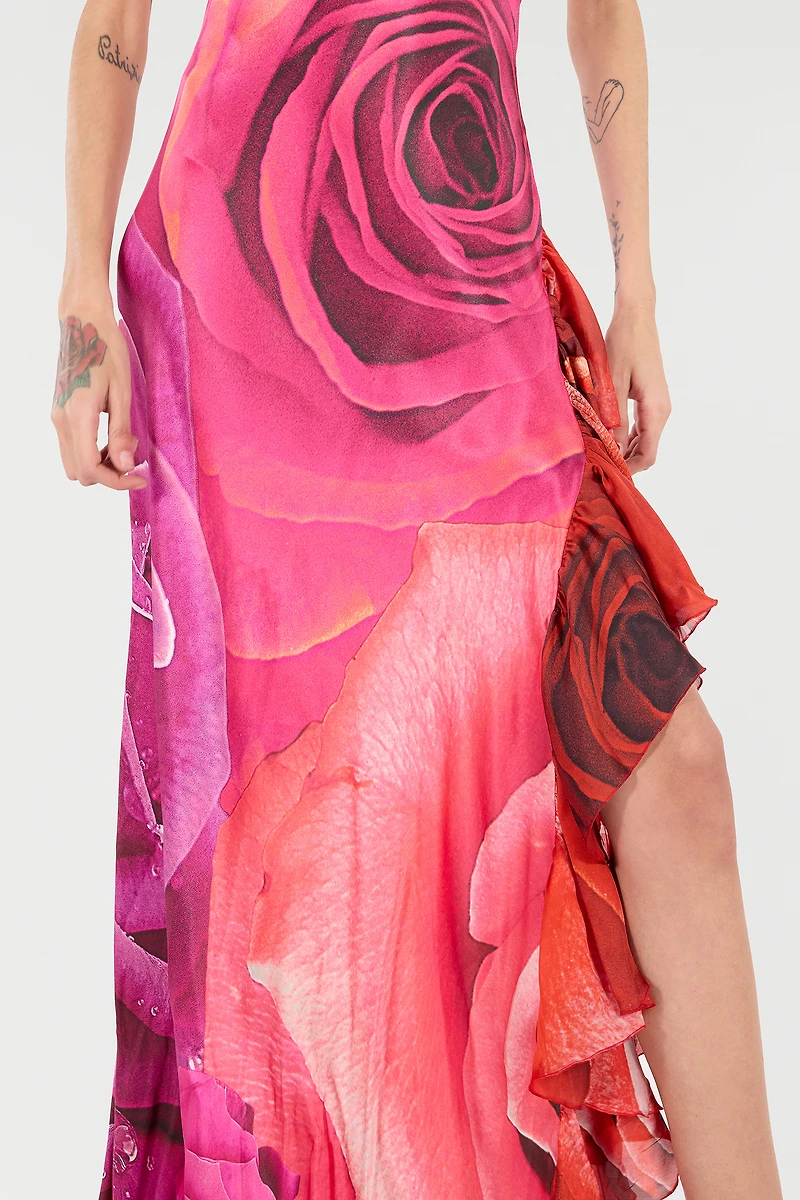 Dress With Rose Print And Flounces