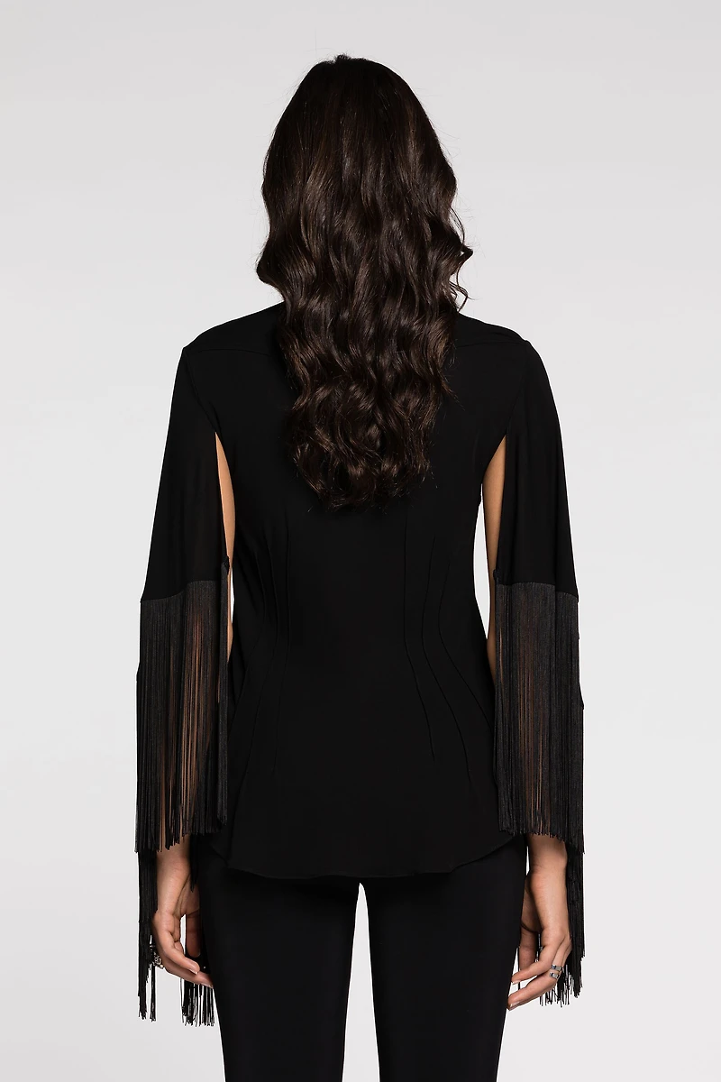 Fringe cuffs tie-collar shirt