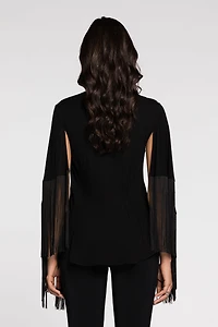 Fringe cuffs tie-collar shirt
