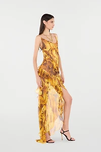 Asymmetric Silk Dress With Amber Print