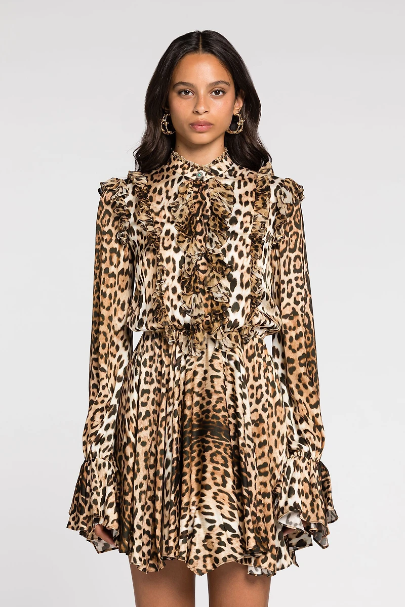 Ruffled-detail leopard-print dress