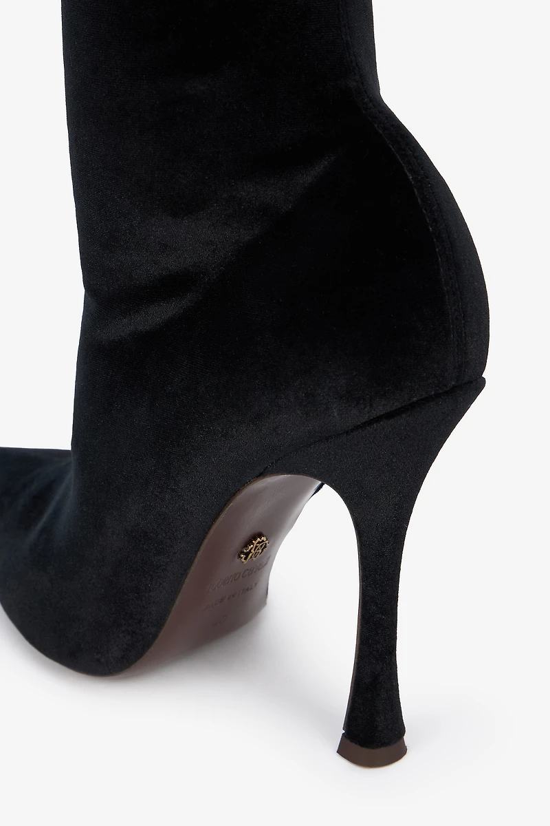 Black Satin Pointed-Toe Thigh High Boots