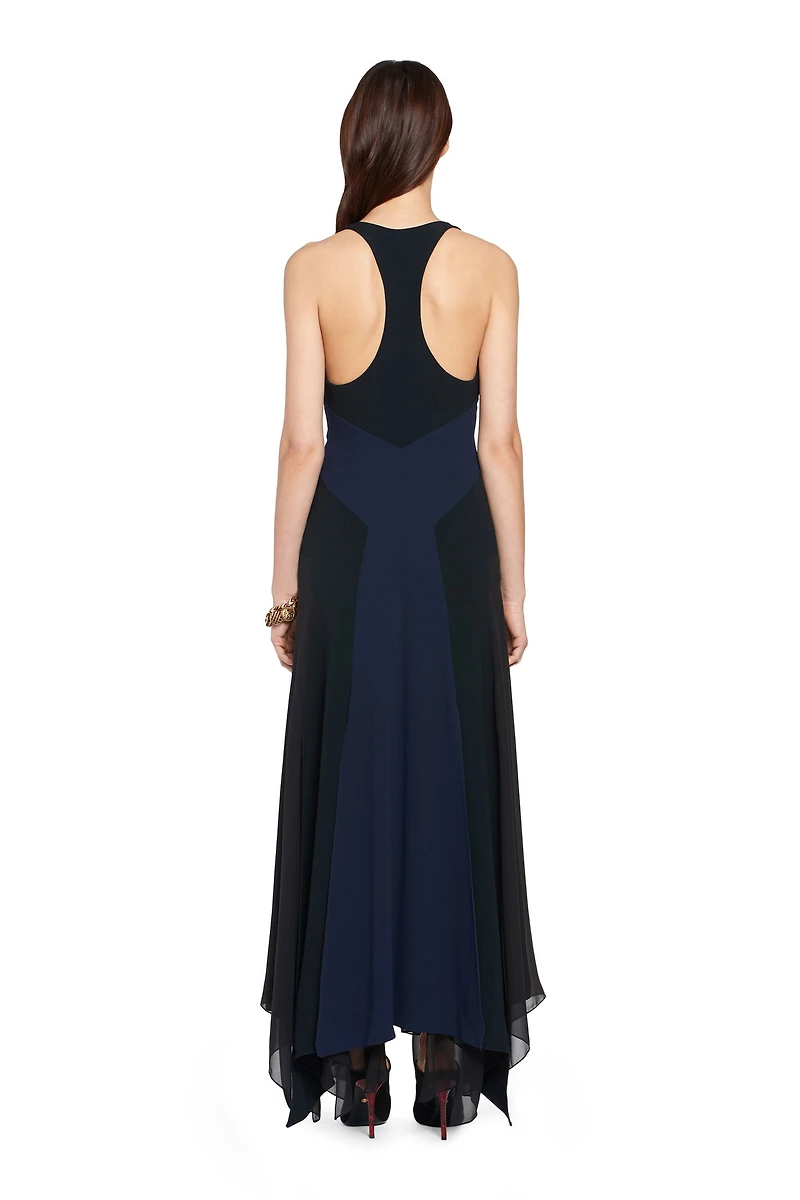 Long black and navy silk dress