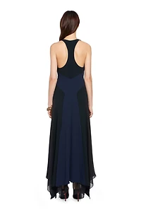 Long black and navy silk dress