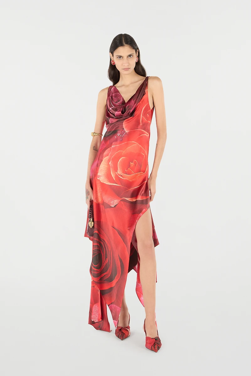 Dress With Asymmetric Skirt And Rose Print