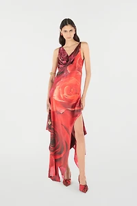 Dress With Asymmetric Skirt And Rose Print