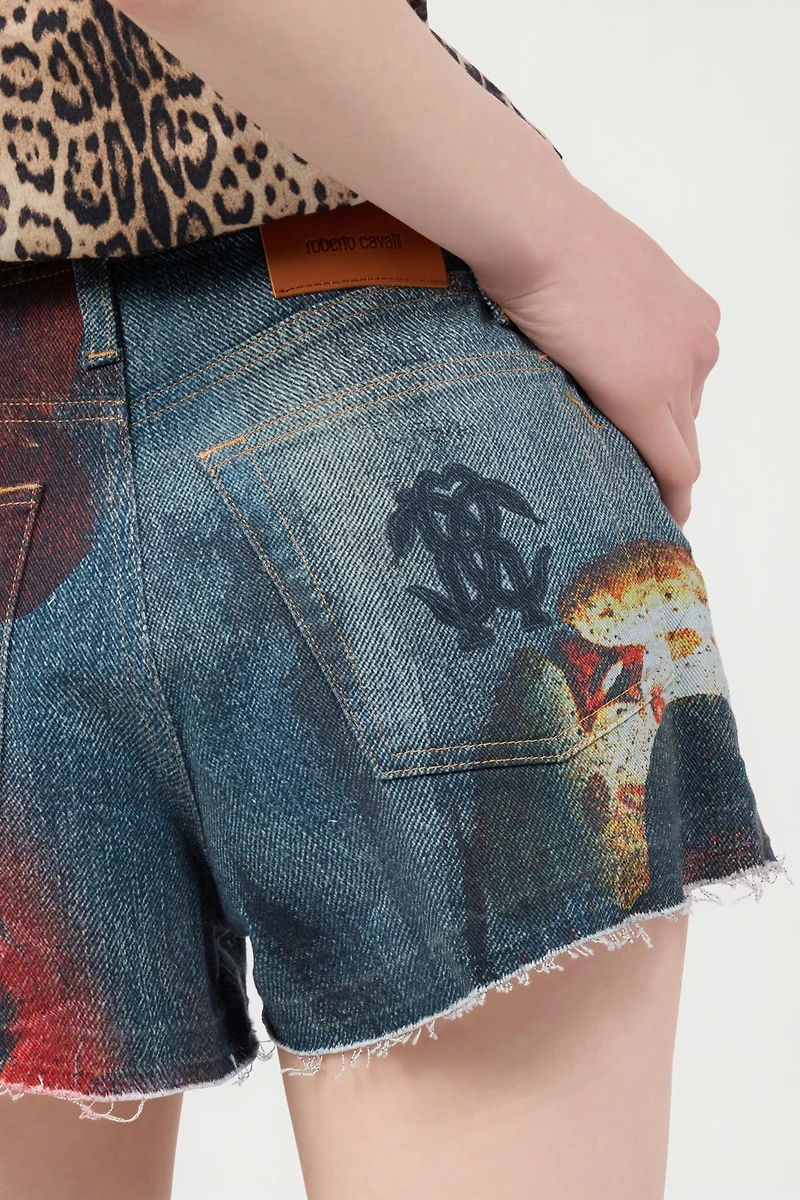 Denim Shorts With Roses And Snakes