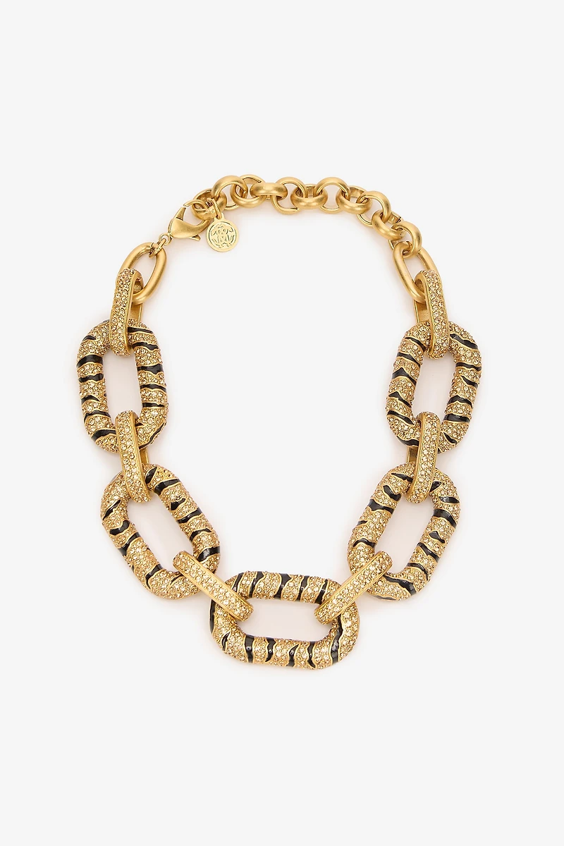 Chain Necklace With Crystals And Tiger Skin Pattern