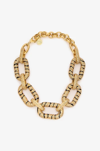 Chain Necklace With Crystals And Tiger Skin Pattern