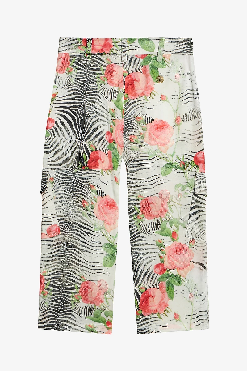 Pants With Mini Zebra And Rose Print