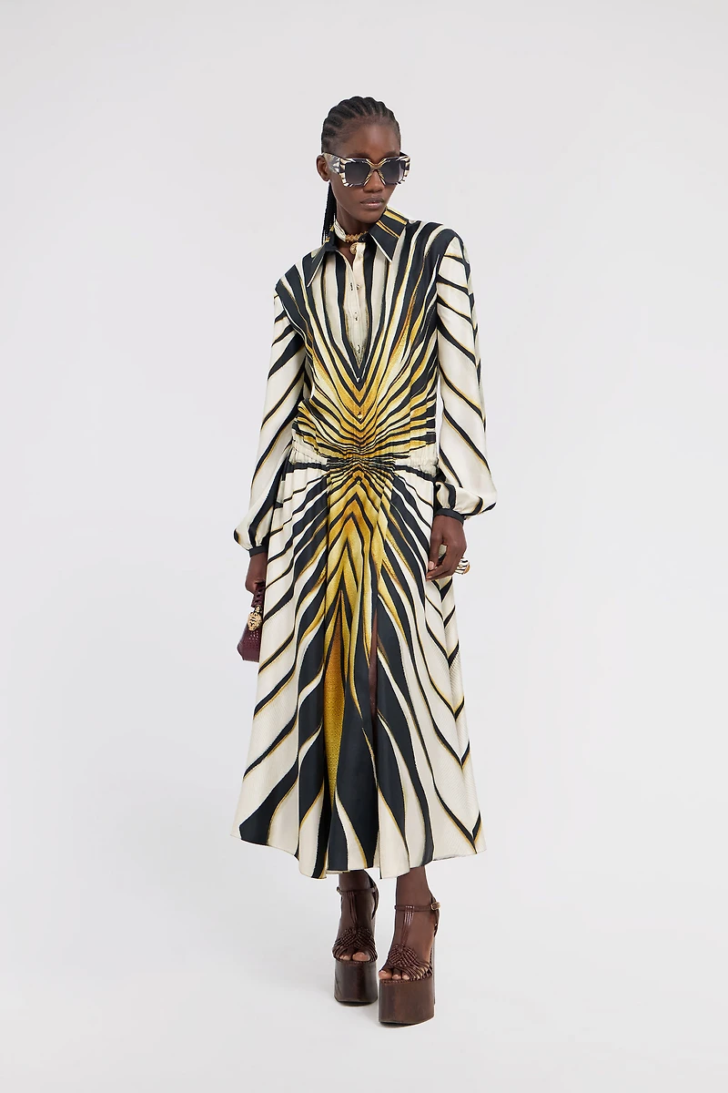 Ray Of Gold Print Silk Midi Dress