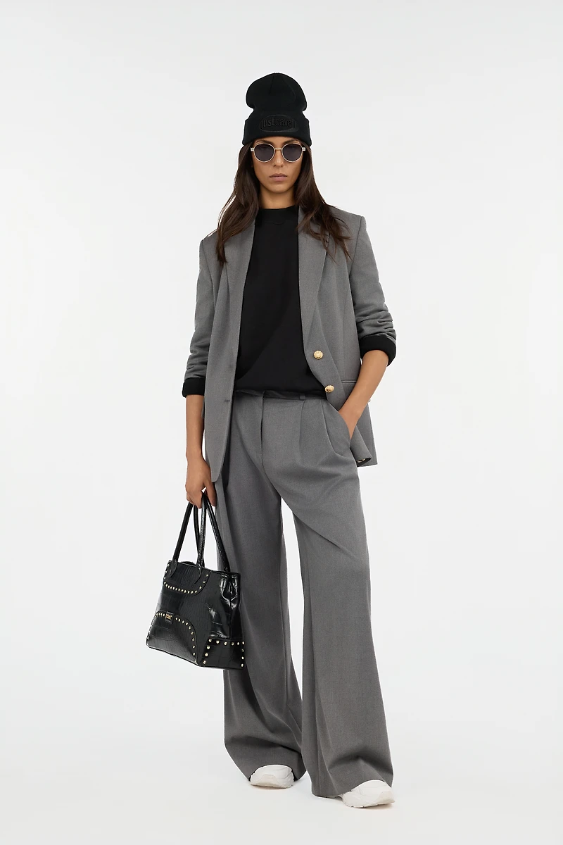 Grey Pleated Wide Leg Trousers