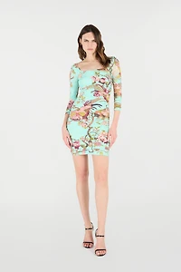 Mini Dress With Oriental Bird Print