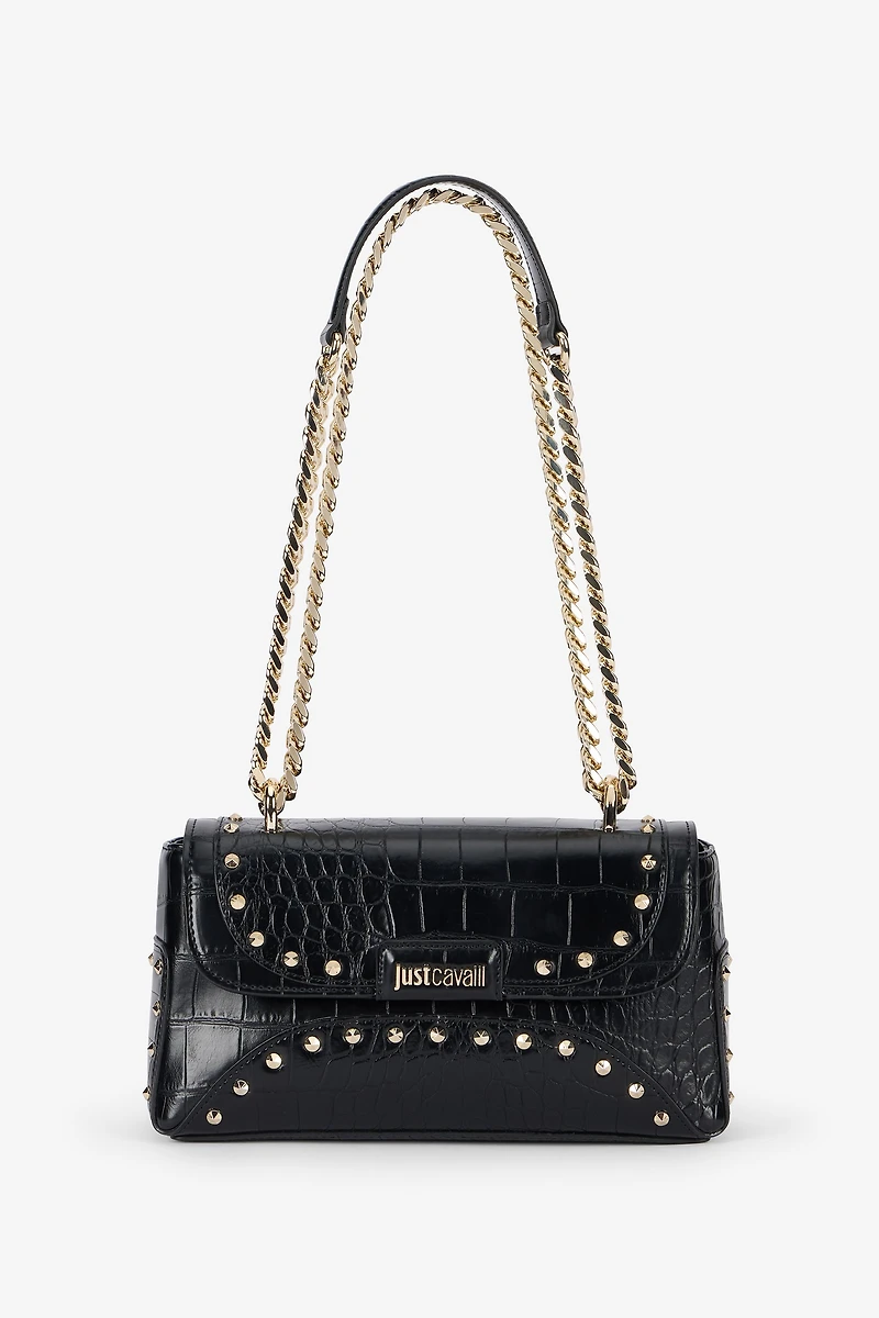 Black Croc-Effect Studded Shoulder Bag