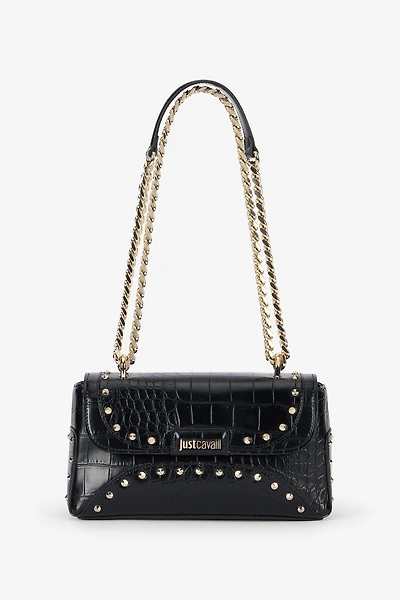 Black Croc-Effect Studded Shoulder Bag