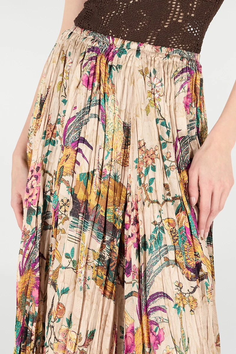 Midi Skirt With Oriental Bird Print