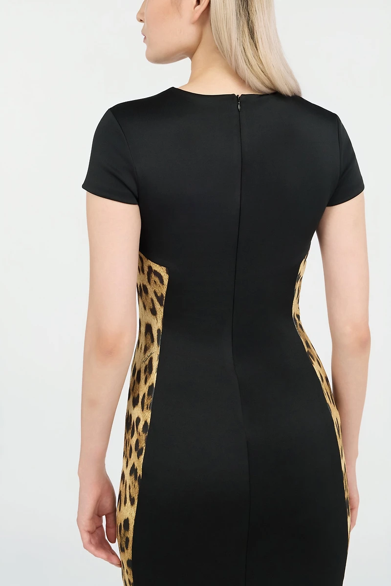 Black Midi Dress With Leopard Print Panels
