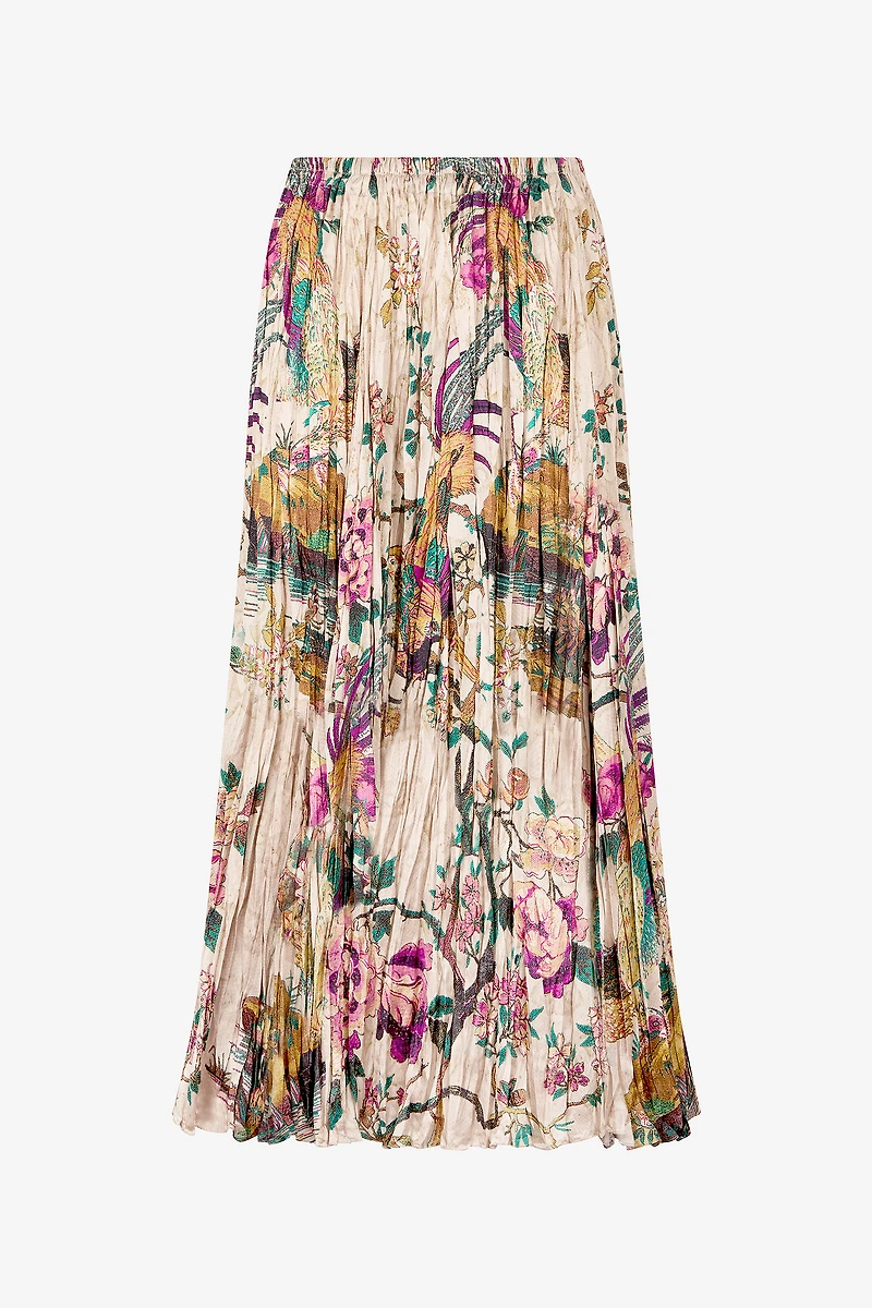 Midi Skirt With Oriental Bird Print
