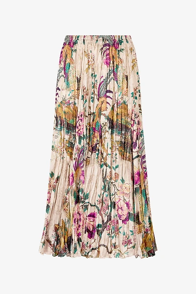 Midi Skirt With Oriental Bird Print