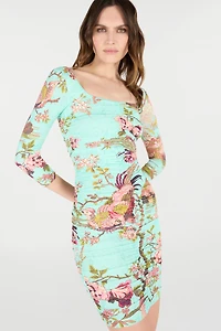 Mini Dress With Oriental Bird Print