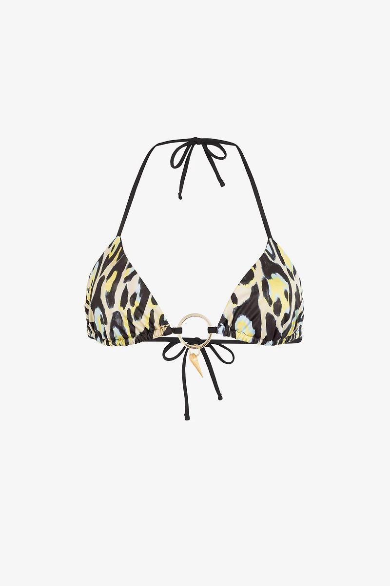 Leopard-print teeth-pendant bikini top