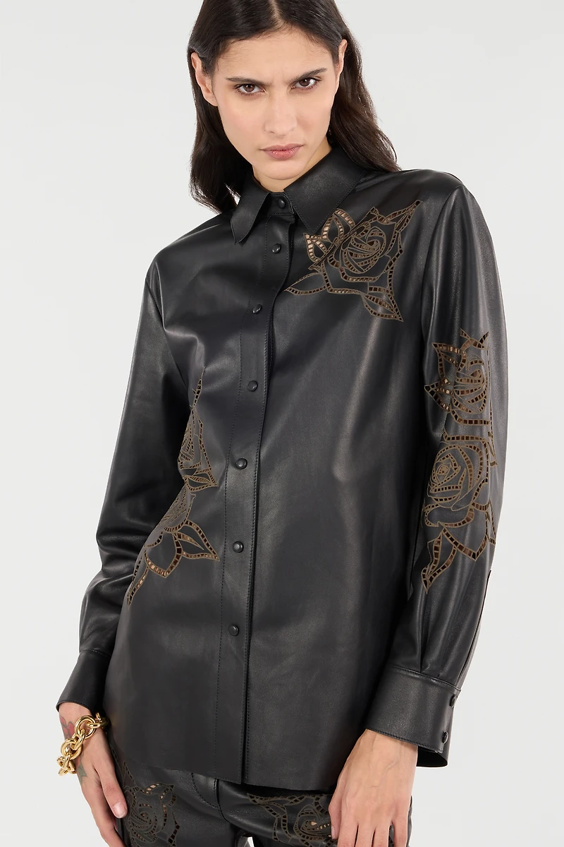 Leather Shirt With Perforated Roses
