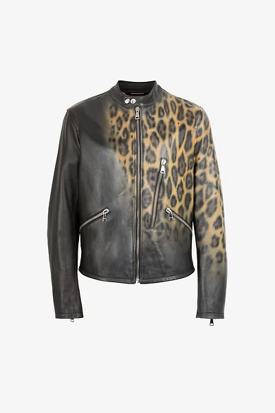 Leopard print leather bomber jacket