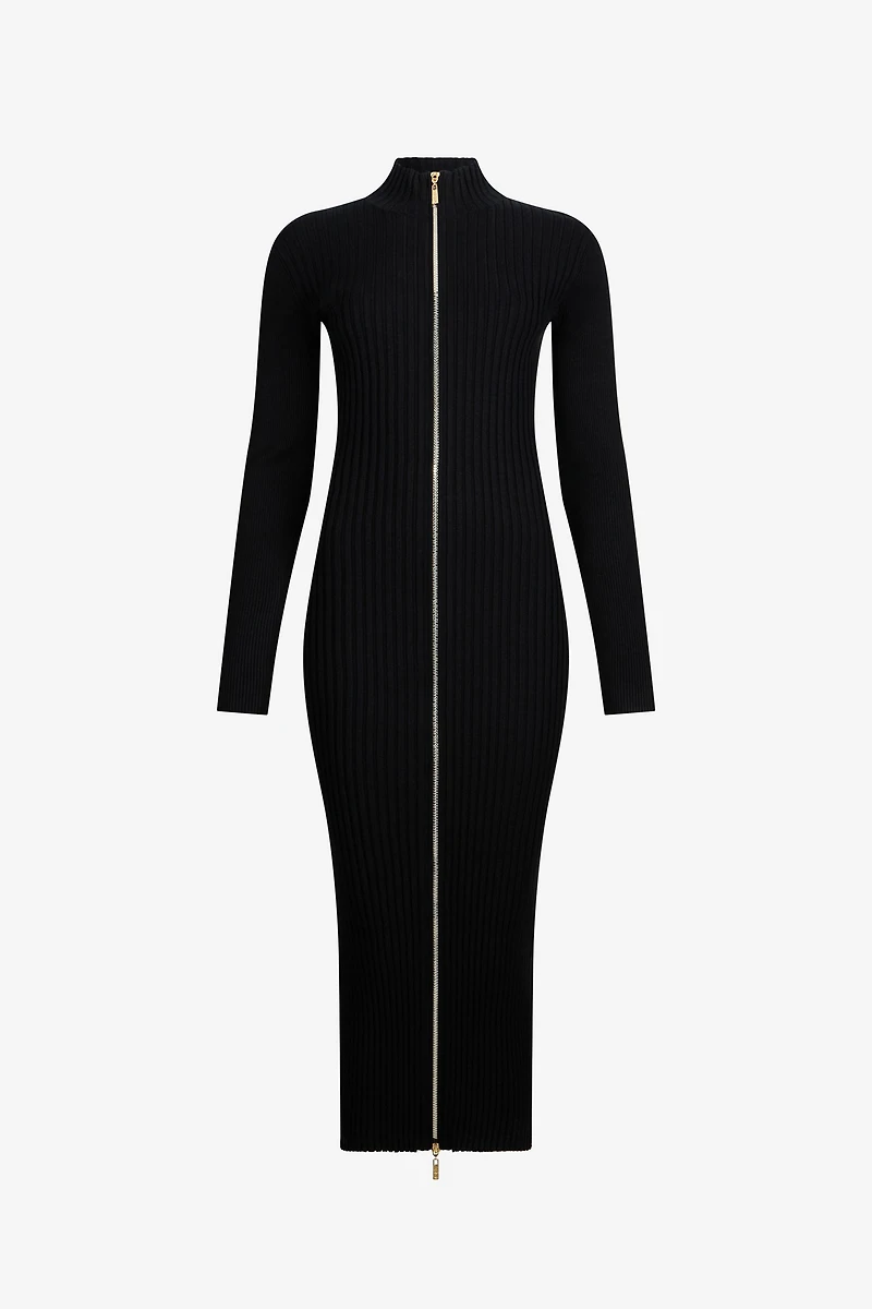 Black Ribbed-Knit Zip-Front Midi Dress