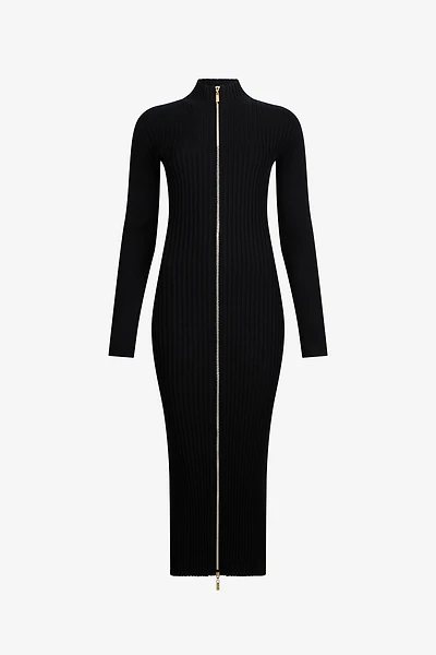 Black Ribbed-Knit Zip-Front Midi Dress