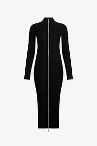 Black Ribbed-Knit Zip-Front Midi Dress