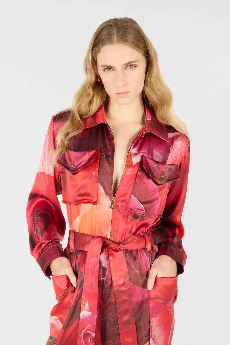 Rose-Print Shirt-Style Jumpsuit