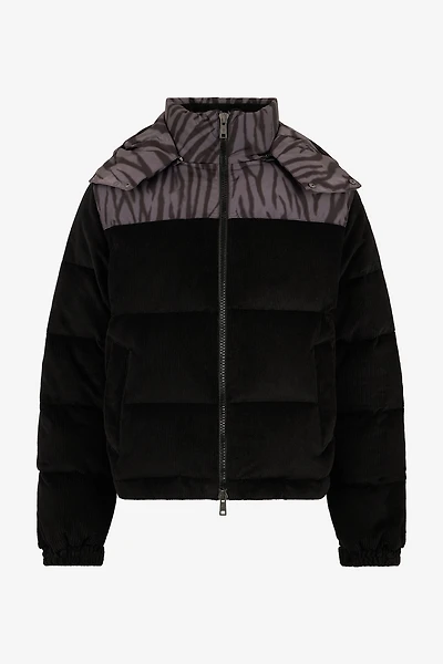 Black Corduroy Down Jacket With Zebra Print