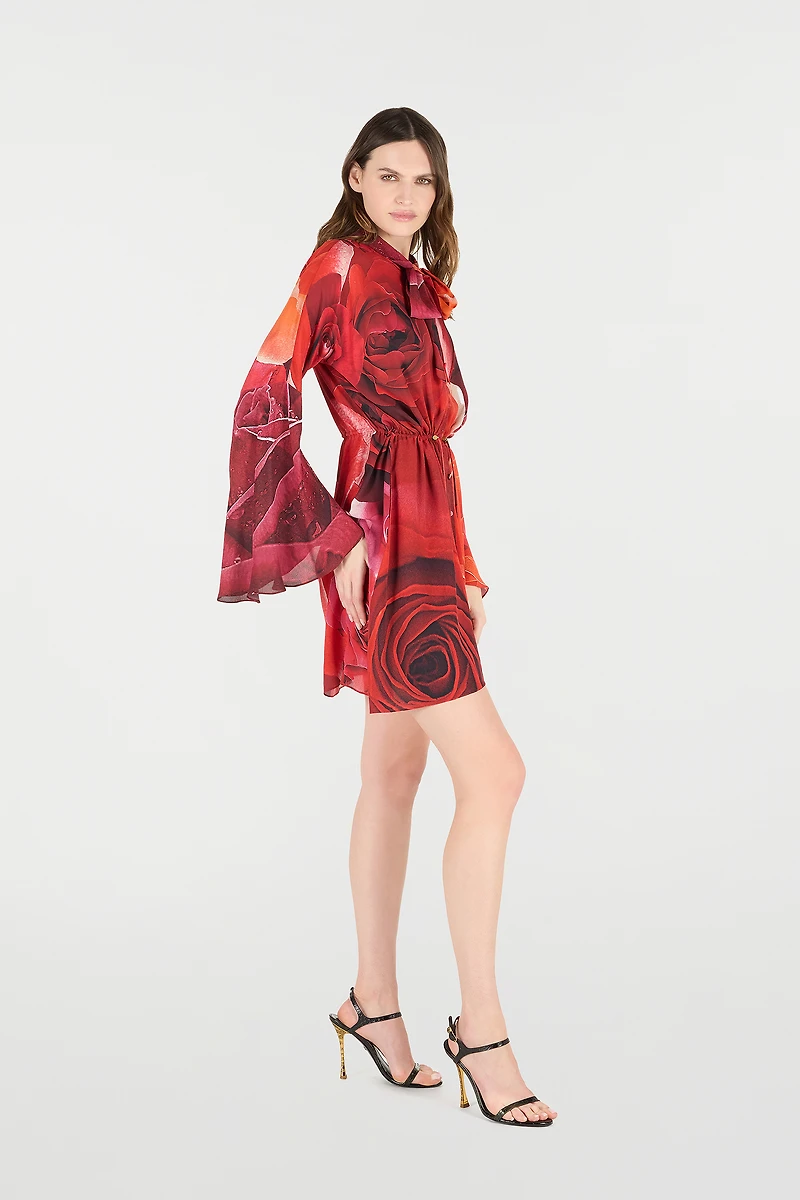 Rose-Print Mini Dress With Pussy-Bow