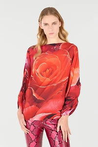 Sweater With Gathered Sleeves And Rose Print