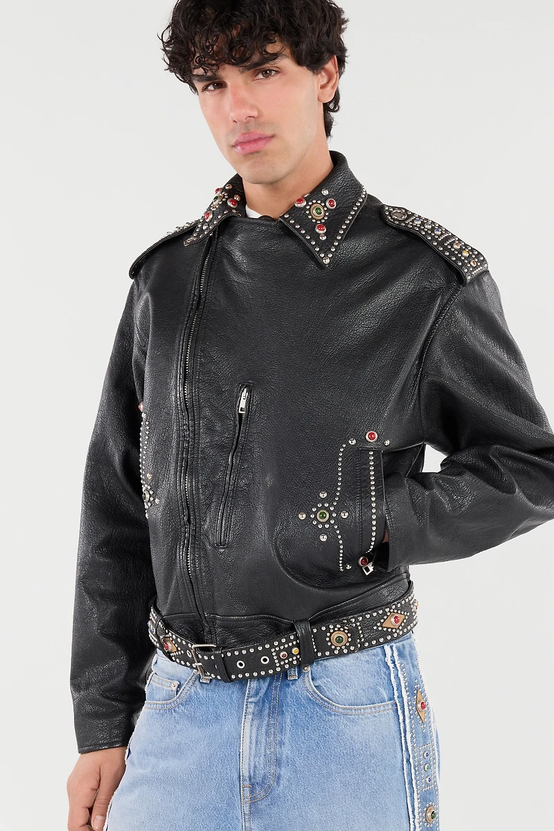 Leather Biker Jacket With Studs And Stones