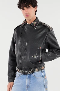 Leather Biker Jacket With Studs And Stones