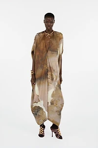 Beige Silk Caftan With Marble Print