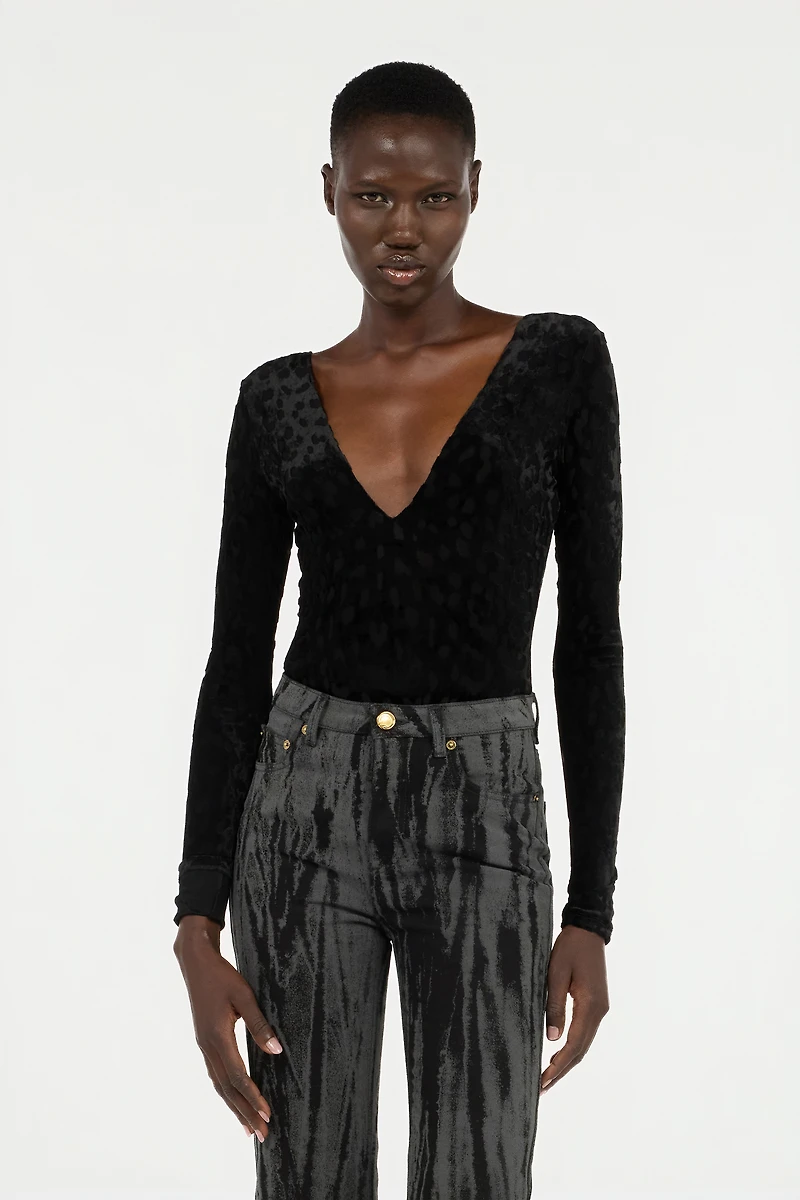 Black Bodysuit With Jaguar Skin Pattern