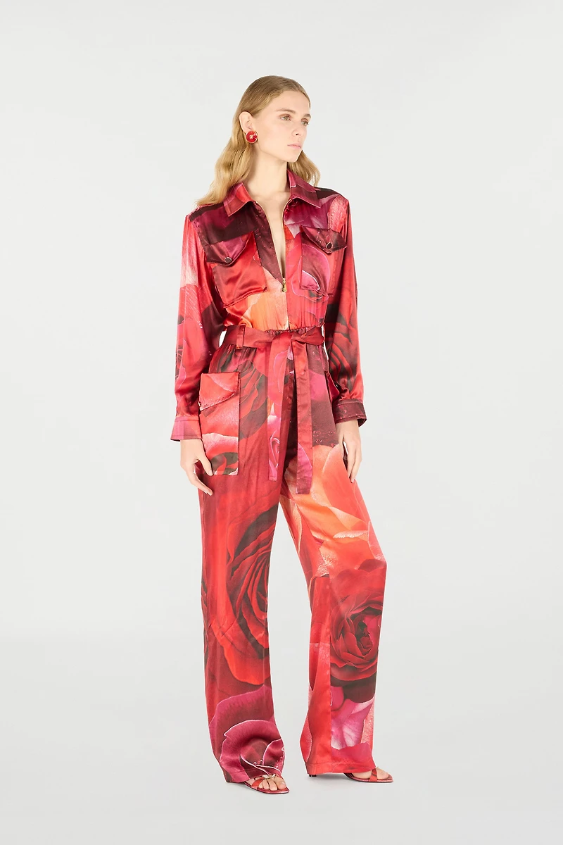 Rose-Print Shirt-Style Jumpsuit